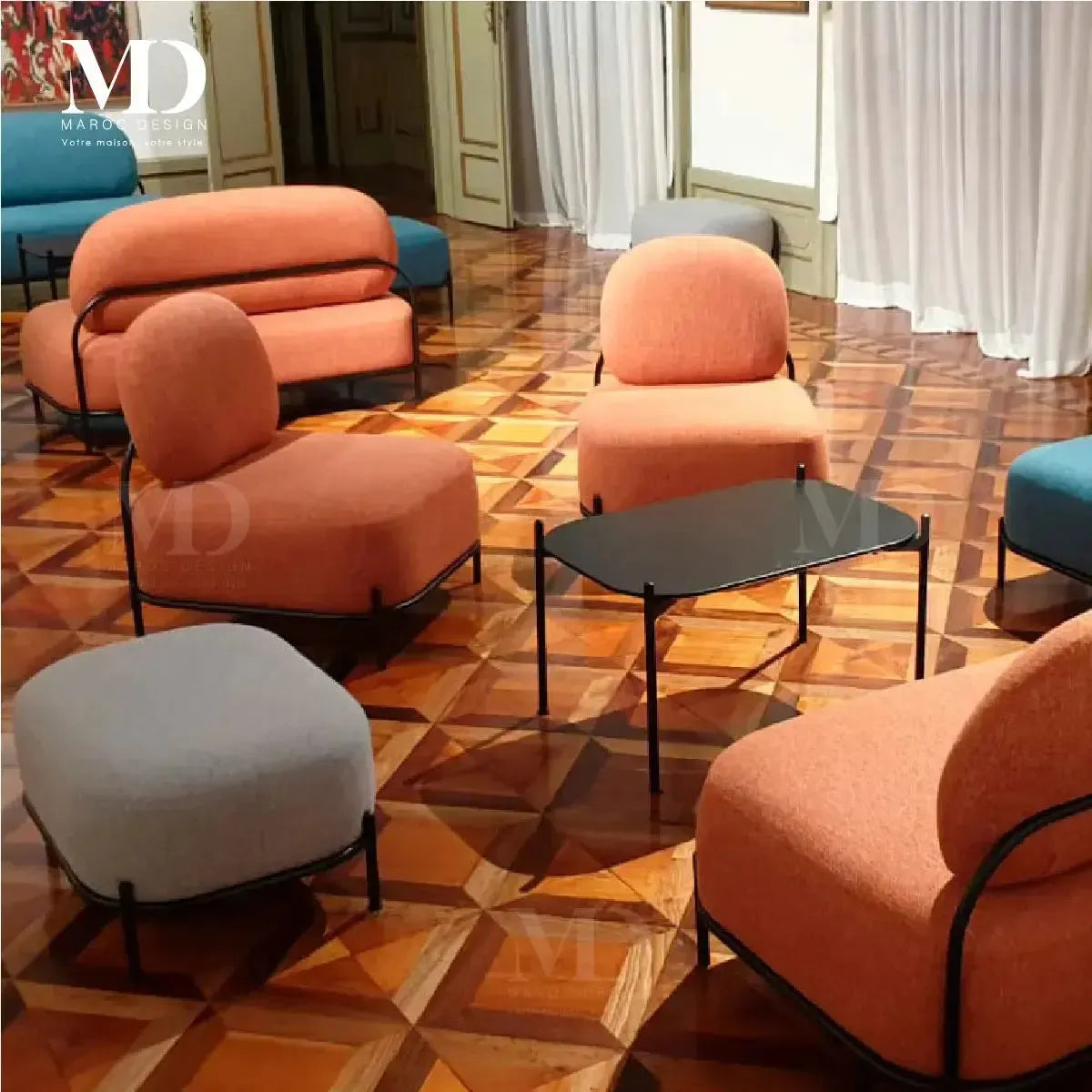 ALPINO Canapés et Fauteuils luxe et Confort Maroc Design-canapé, fauteil, Pouf, Meridienne-Maroc Design-Blanc-Velour-Maroc Design