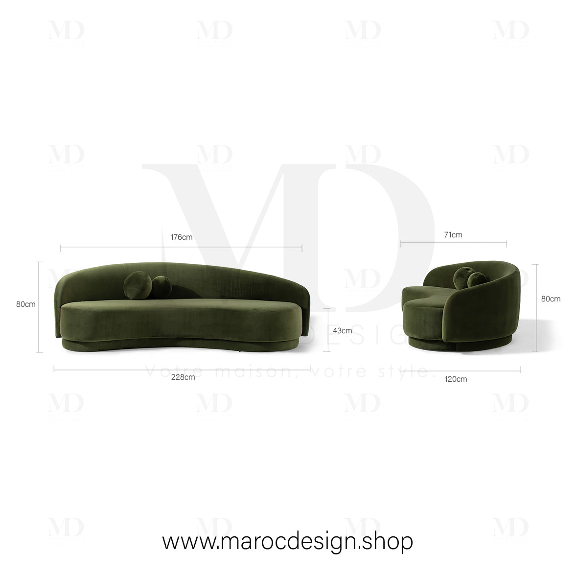 Canapé ALEXIS 3 Places Velours Vert – Design Moderne & Confort Premium | Maroc Design
