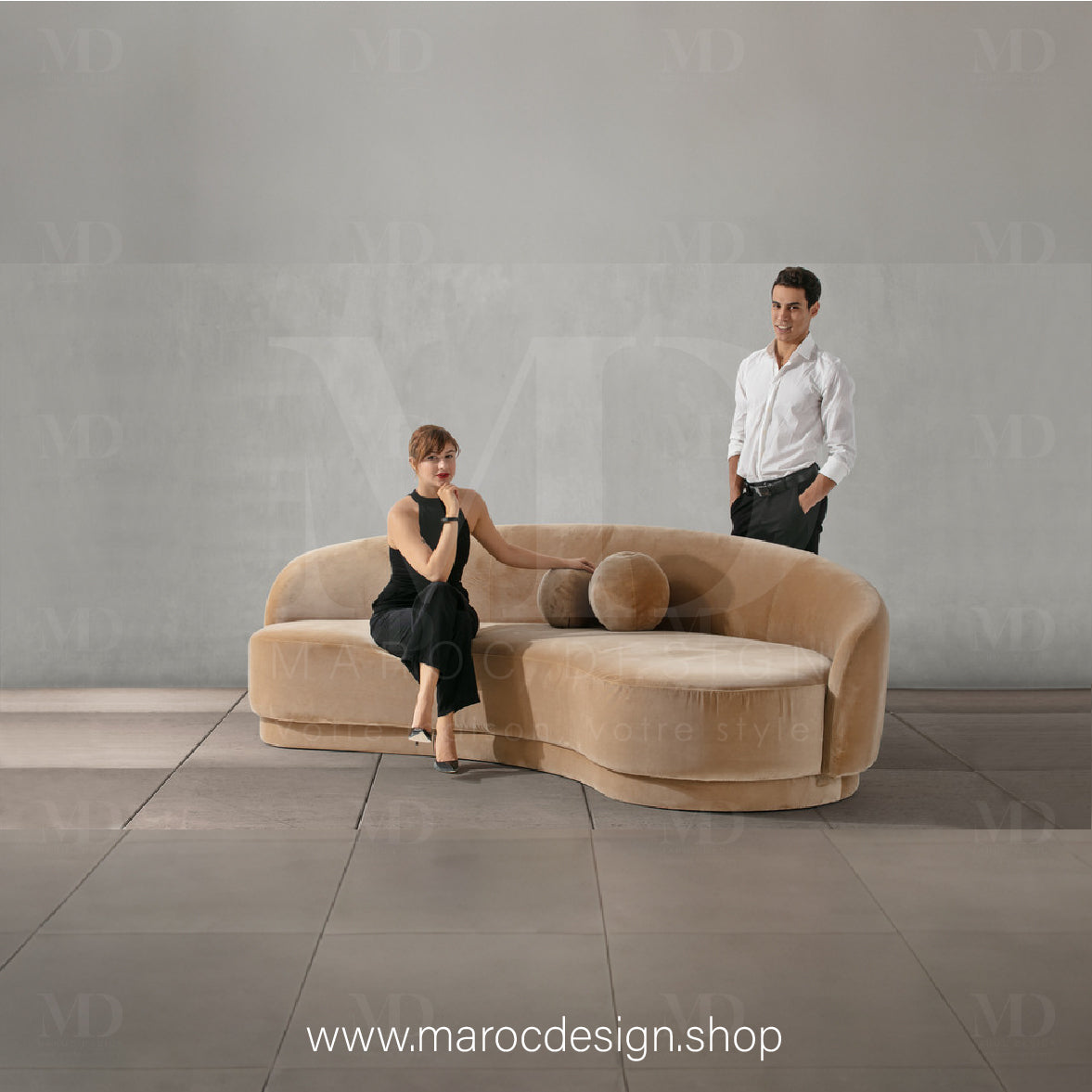 Canapé ALEXIS 3 Places en Velours Beige | Design Moderne & Confort Haut de Gamme - Maroc Design