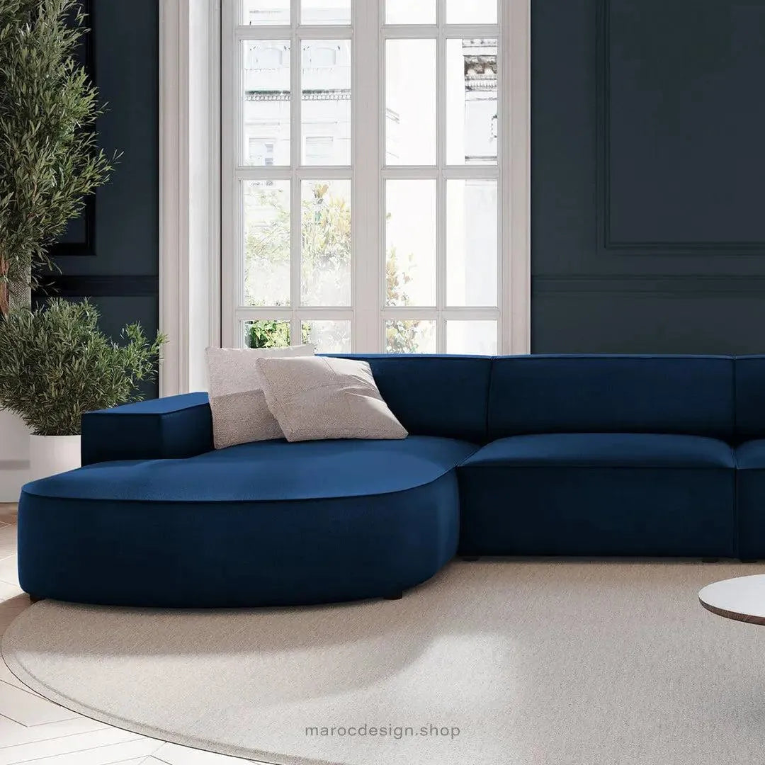 JODIE -4- places _ Bleu Royal Canapé-modulaire, Salon Séjour-canapé, fauteil, Pouf, Meridienne-Maroc Design-Beige Foncé-Droite-Maroc Design