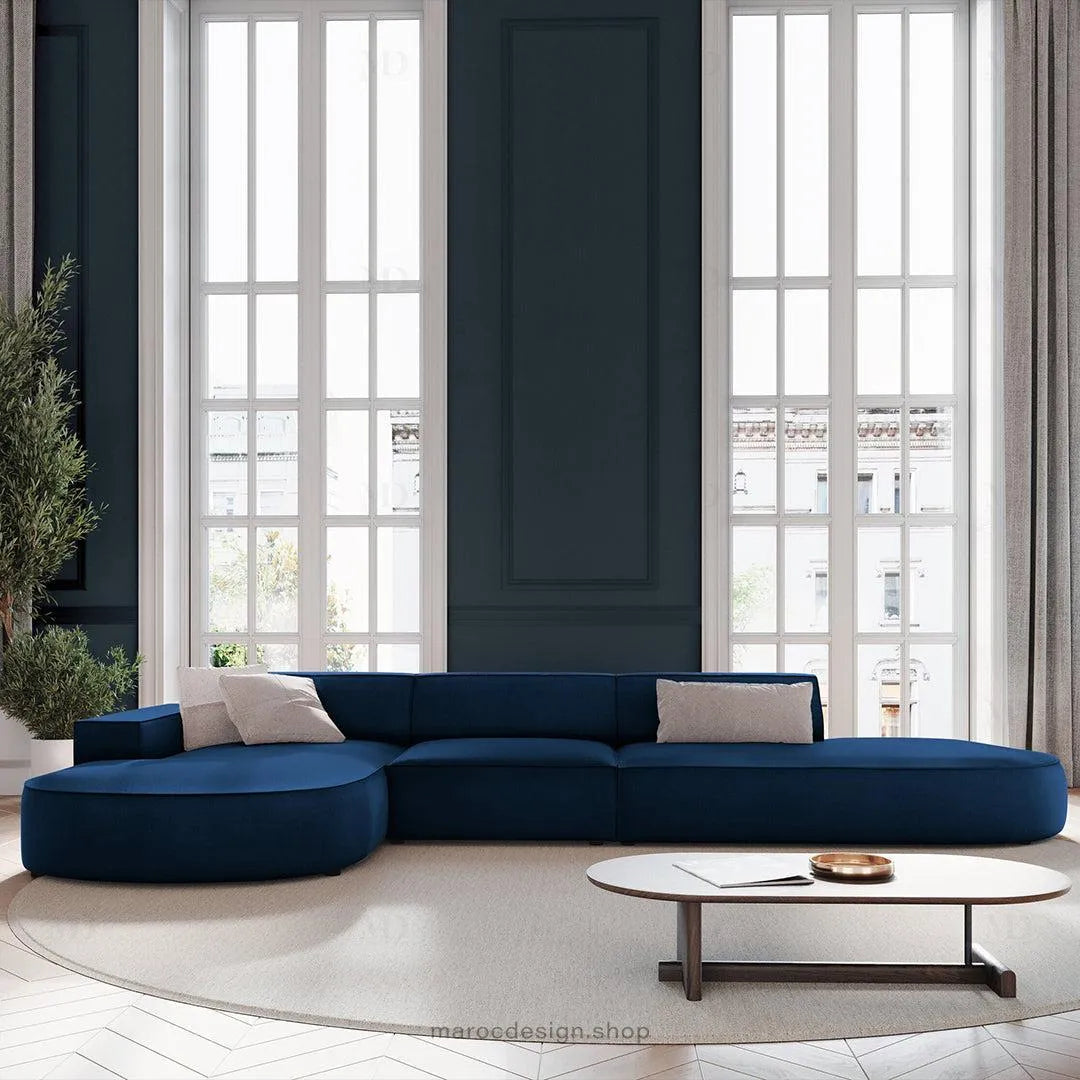 JODIE -4- places _ Bleu Royal Canapé-modulaire, Salon Séjour-canapé, fauteil, Pouf, Meridienne-Maroc Design-Beige Foncé-Gauche-Maroc Design