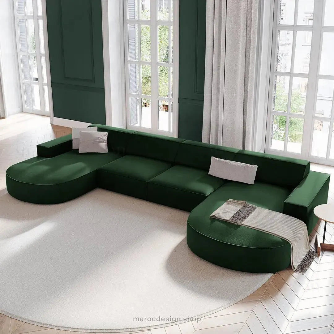 JODIE -6- places (U) _ Vert Bouteille Canapé - modulaire, Salon Séjour-canapé, fauteil, Pouf, Meridienne-Maroc Design-Vert Bouteille-Maroc Design