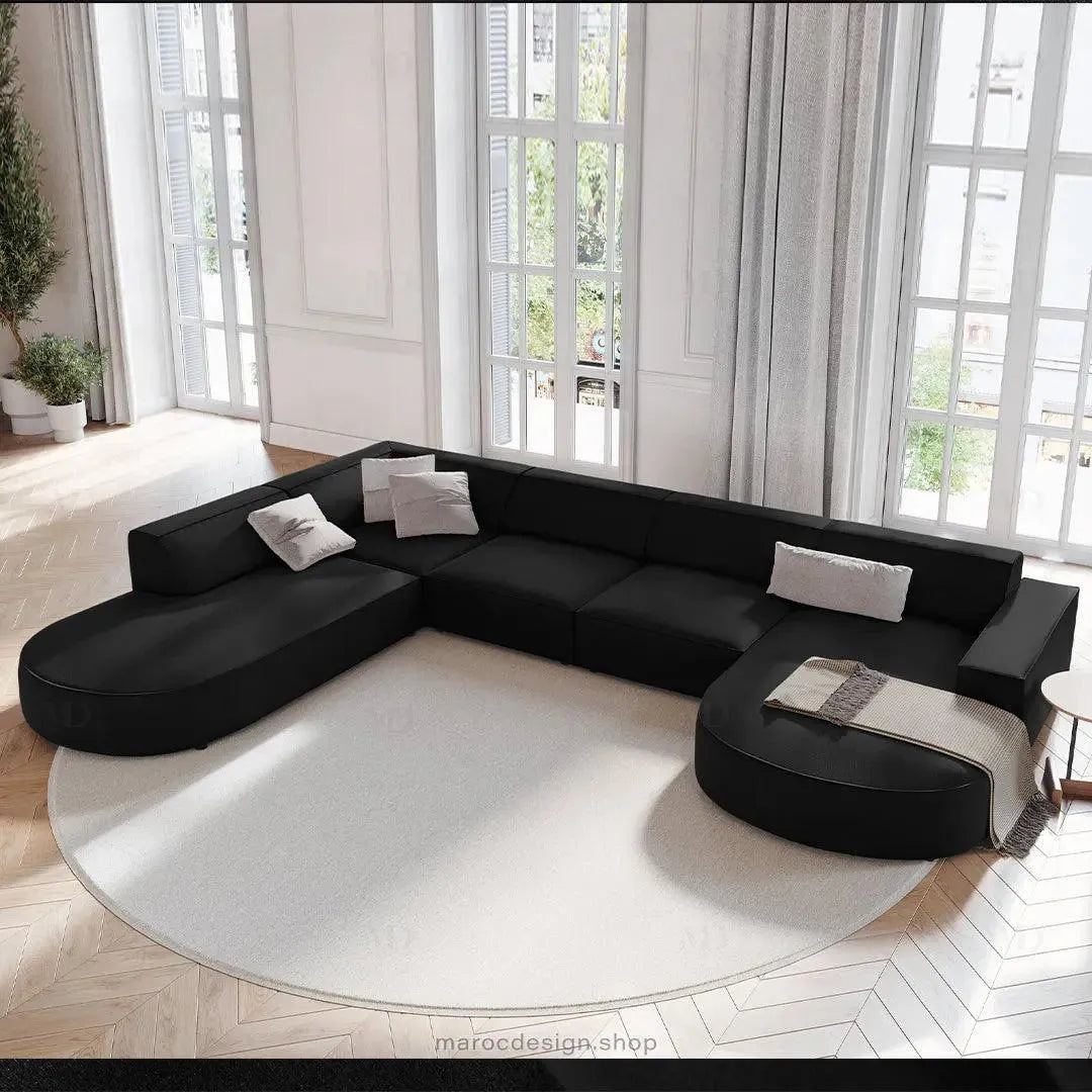 JODIE -7- places _ Noir Canapé-modulaire, Salon Séjour-canapé, fauteil, Pouf, Meridienne-Maroc Design-Noir-Gauche-Maroc Design