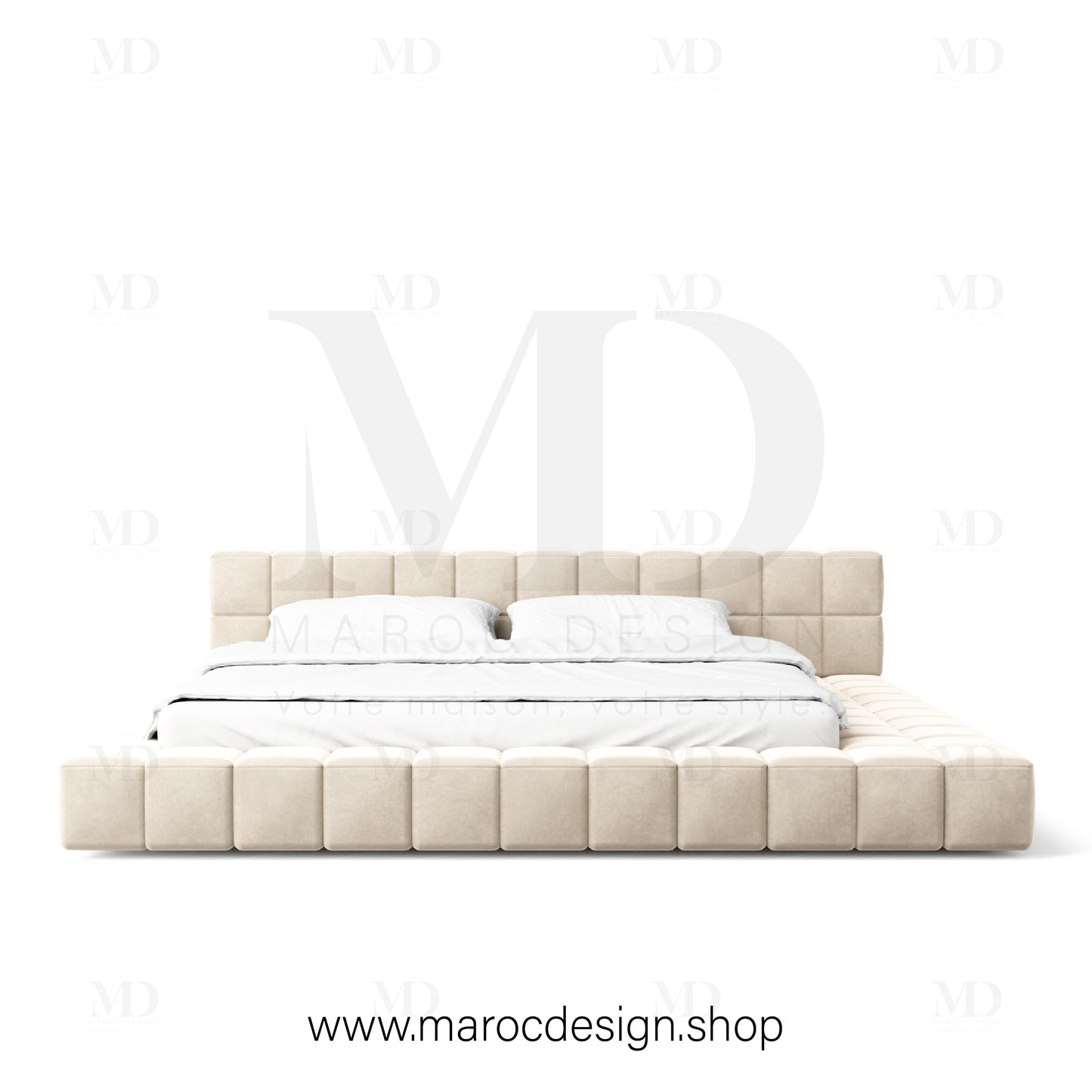 <img src="image4.jpg" alt="Lit BRABUS beige clair avec coffre de rangement spacieux" />