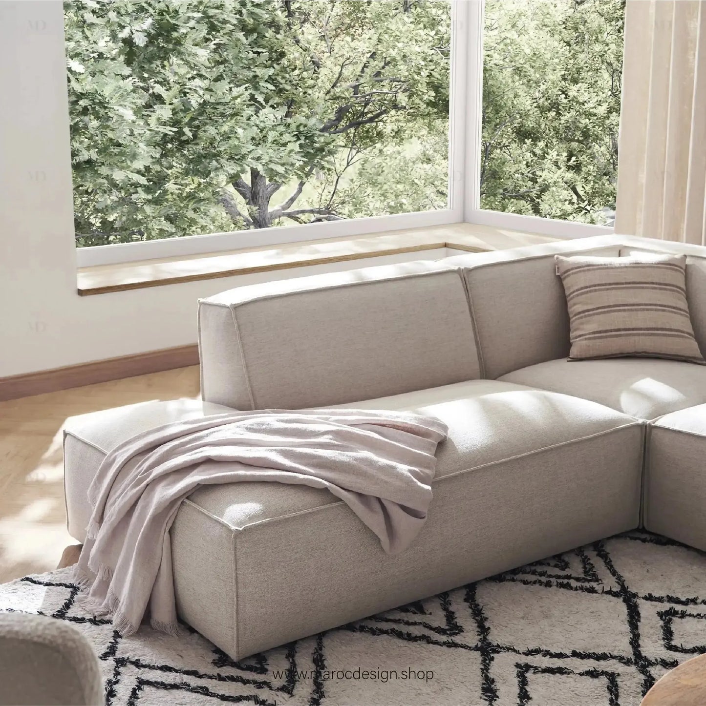 Méridienne 3 Places Droite / BOXTER, Canapé / Salon / Séjour / Espace de Réception-canapé, fauteil, Pouf, Meridienne-Maroc Design-Beige-Texture-Maroc Design