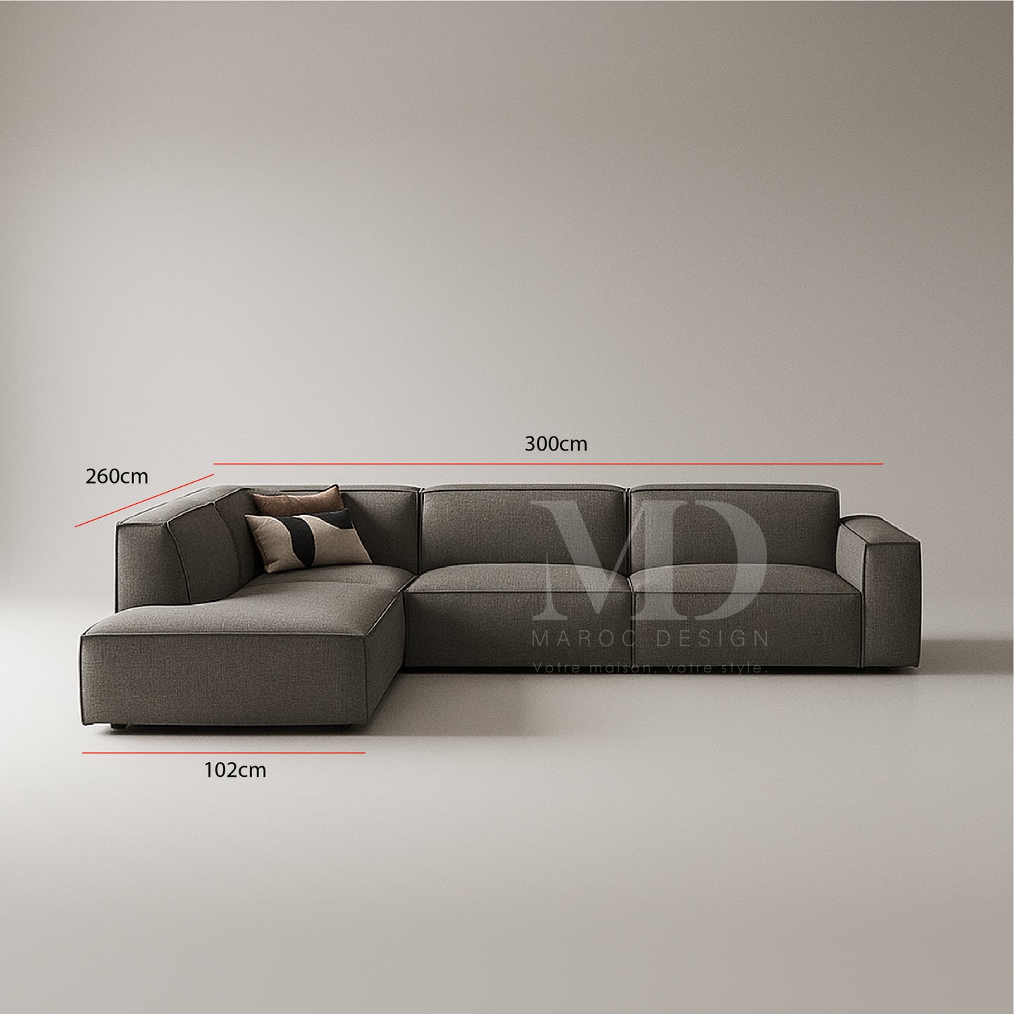 Plan et dimensions du canapé d'angle BOXTER 7 places (300 × 260 × 102 cm) – Maroc Design
