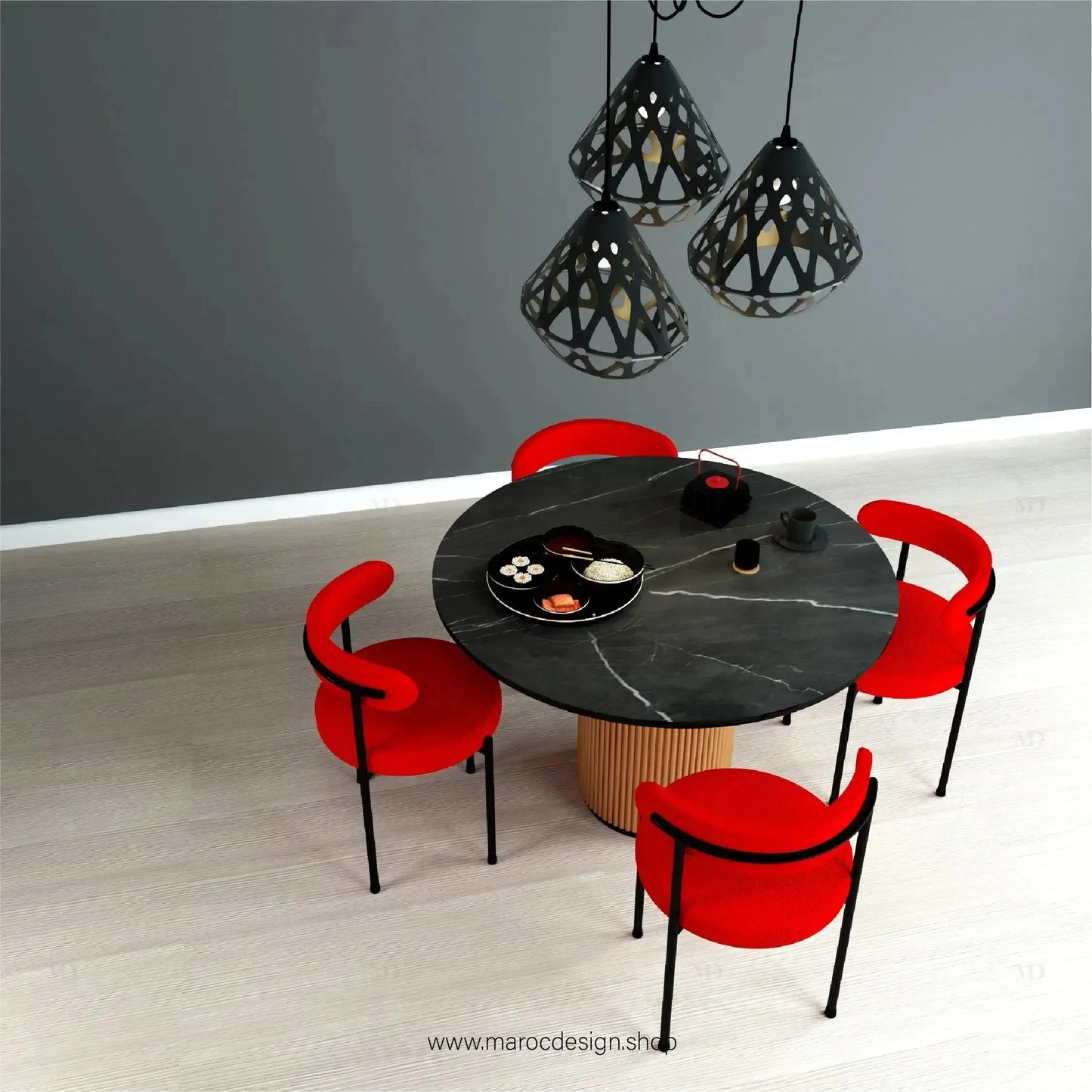 RUBIS NOIR / Table à Manger avec Chaises Rouges / Élégance Contemporaine / Pilar Collection-Table à Manger-Maroc Design-80cm-Maroc Design