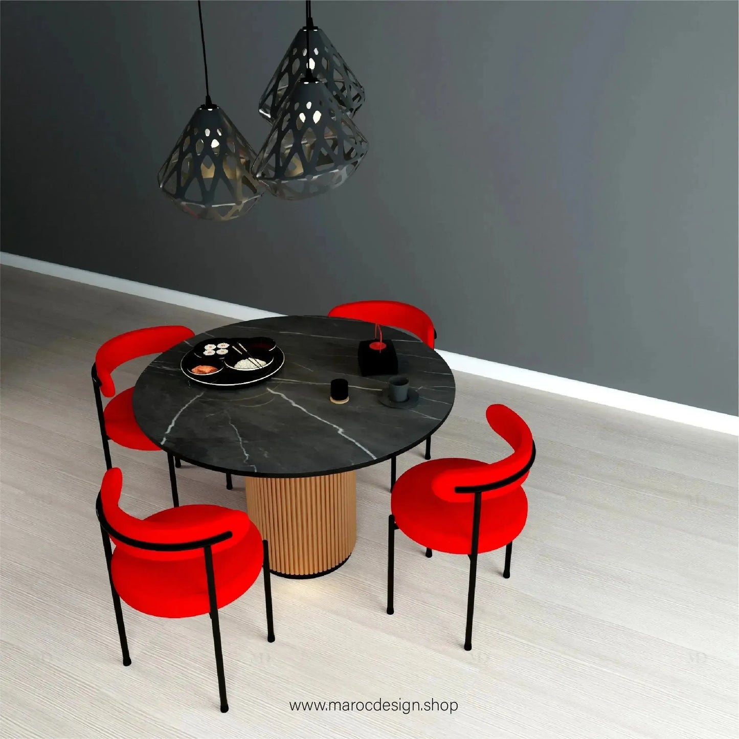 RUBIS NOIR / Table à Manger avec Chaises Rouges / Élégance Contemporaine / Pilar Collection-Table à Manger-Maroc Design-80cm-Maroc Design