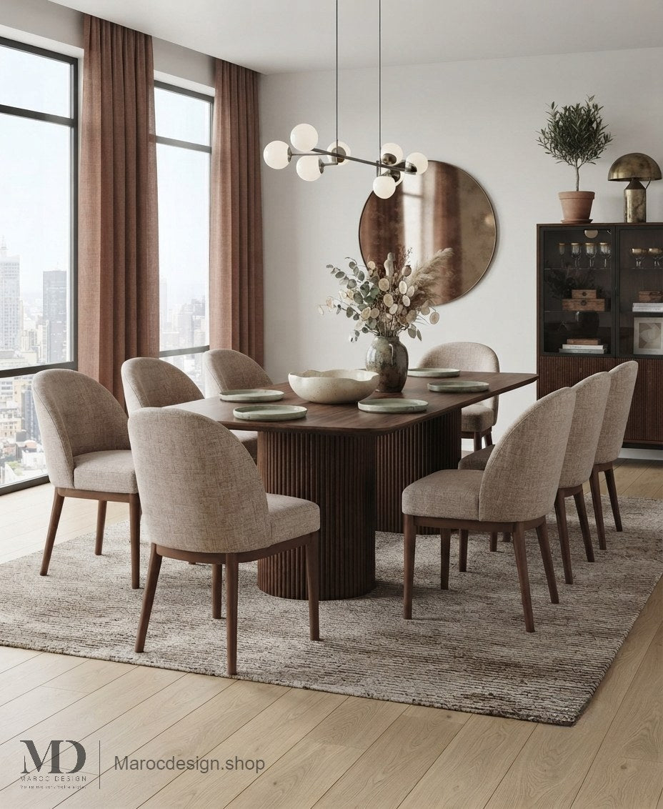 Chaises CORDOBA beiges dans une salle à manger aux rideaux terracotta et miroir cuivré