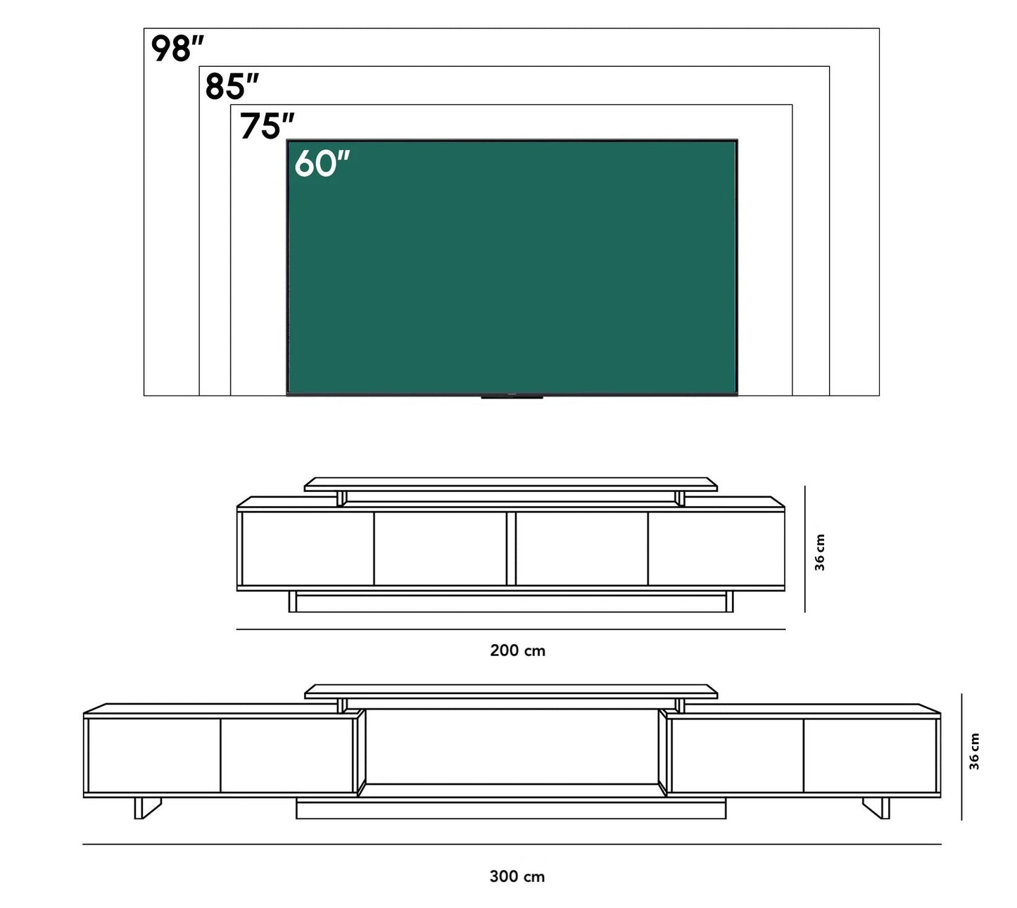Plan des dimensions du meuble TV LINEA – 200 cm fermé à 300 cm étendu, hauteur 36 cm, TV jusqu'à 98 pouces, Maroc Design