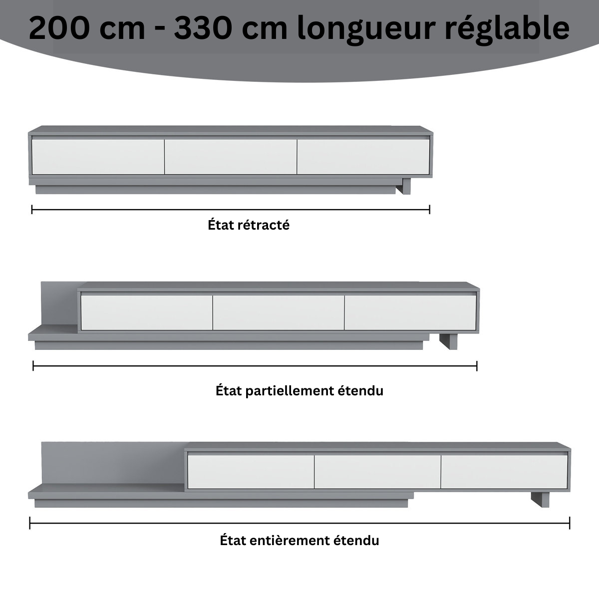 Meuble TV NOVA à longueur réglable 200-330 cm – schéma 3 états, Maroc Design
