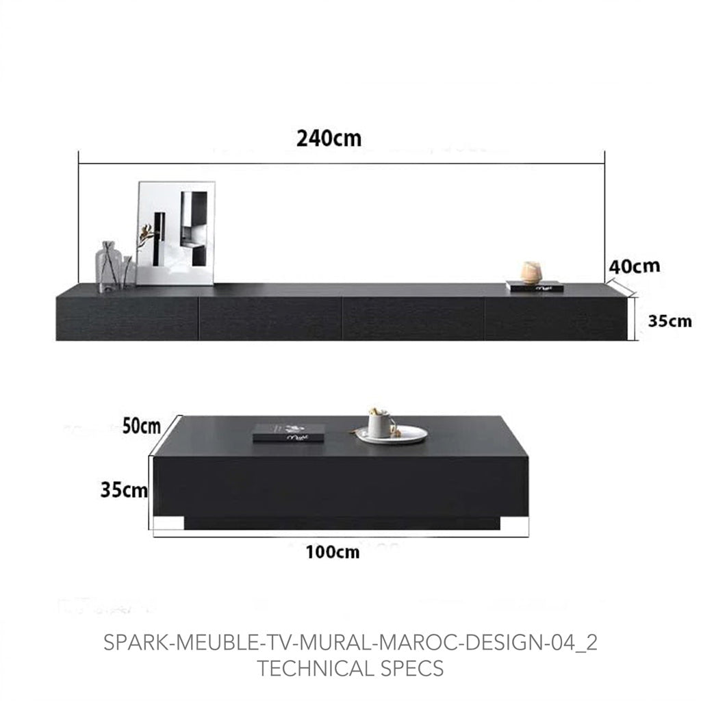 Plan des dimensions de l'ensemble TV ORA – meuble TV 240×40×35 cm, table basse 100×50×35 cm, Maroc Design