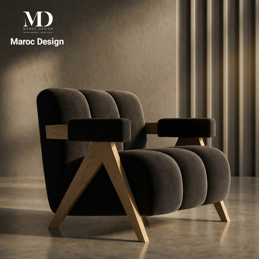 Fauteuil MAGISTIC design en velours gris anthracite, piétement bois – Maroc Design