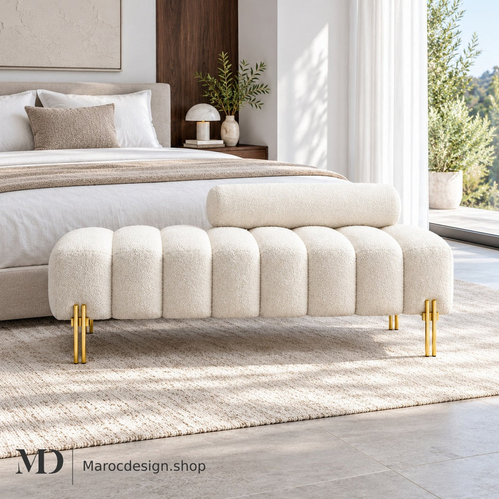 BANCS Maroc Design — Banc ALMA — Bouclé, Traversin & Pieds Dorés, 8 Coloris
