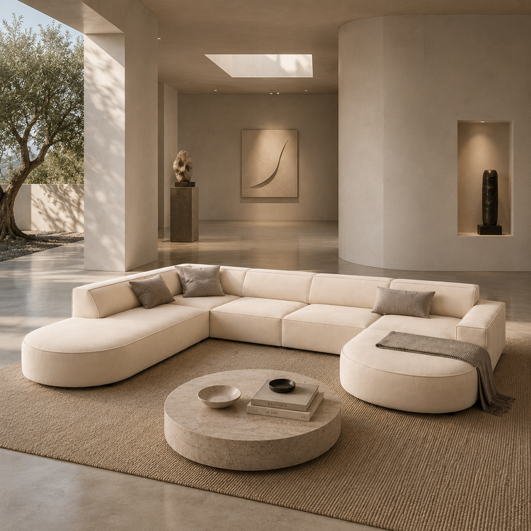 alt="Canapé modulable JODIE by Maroc Design en tissu beige avec lignes arrondies pour intérieur haut de gamme"