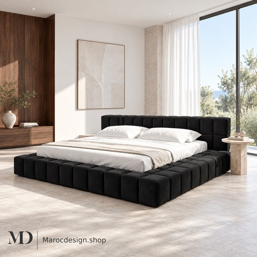 Lits Maroc Design — BRABUS – Lit Rembourré Velours avec Coffre de Rangement