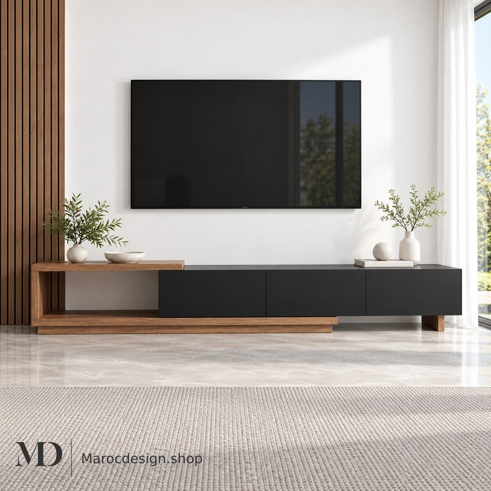 MEUBLES TV Maroc Design — Meuble TV NOVA Noir — Télescopique, 3 Tiroirs