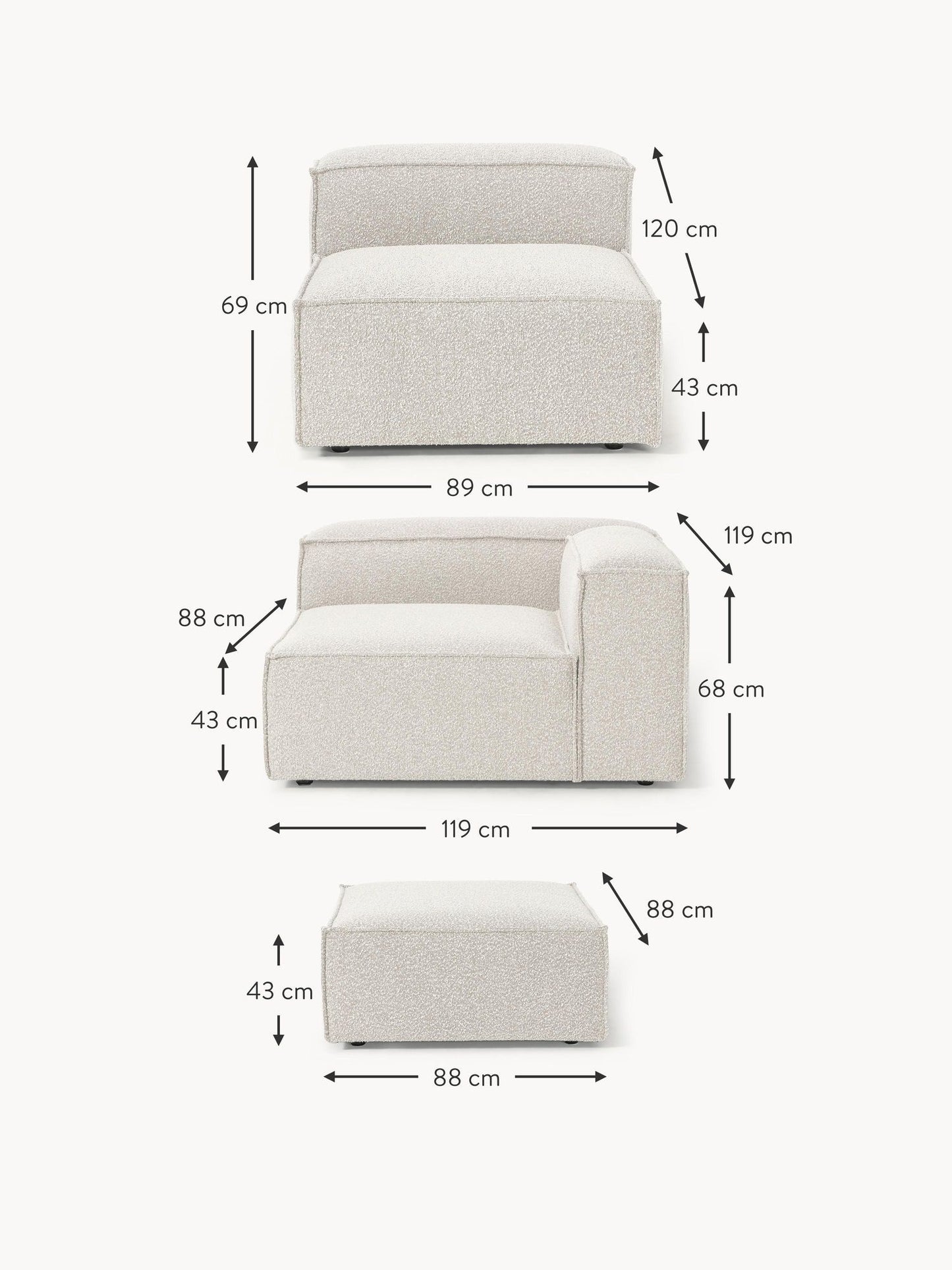 Canapé modulable 4 places en tissu bouclé avec pouf