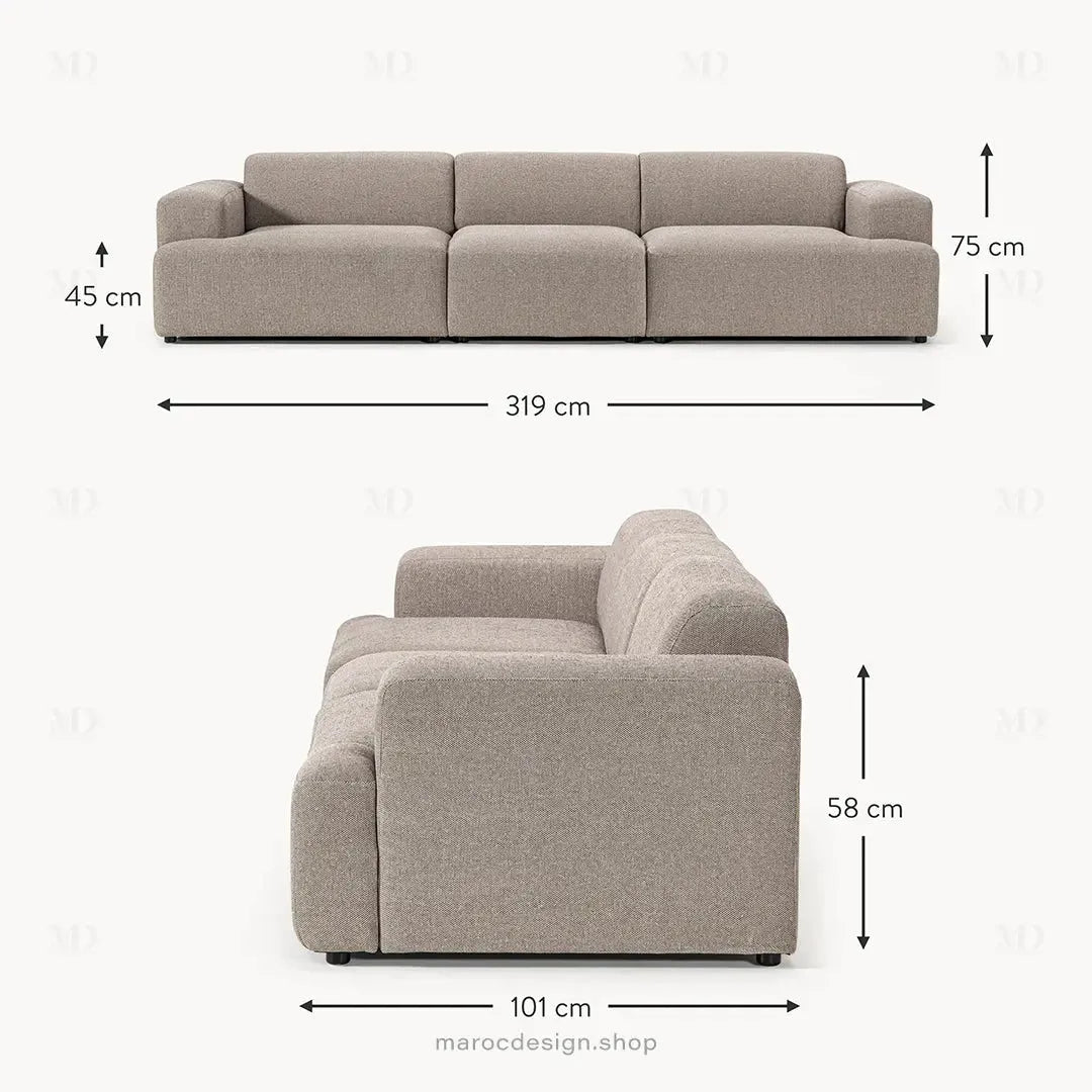 Canapé 3 Places Droit MELVANA – Grège | Maroc Design-canapé, fauteil, Pouf, Meridienne-Maroc Design-Sans Pouf-Maroc Design