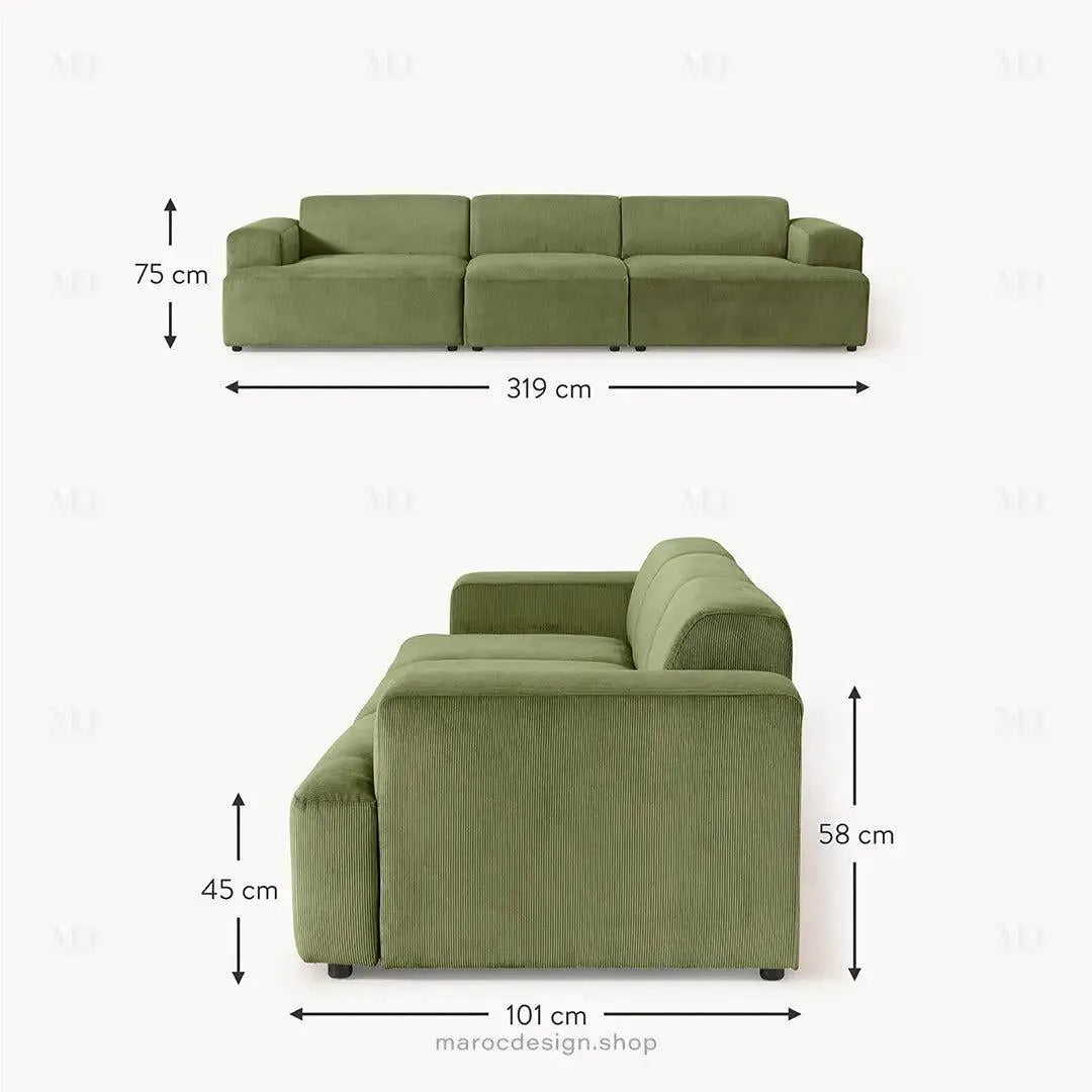 Canapé 3 Places Droit MELVANA – Vert Olive | Maroc Design-canapé, fauteil, Pouf, Meridienne-Maroc Design-Sans Pouf-Maroc Design
