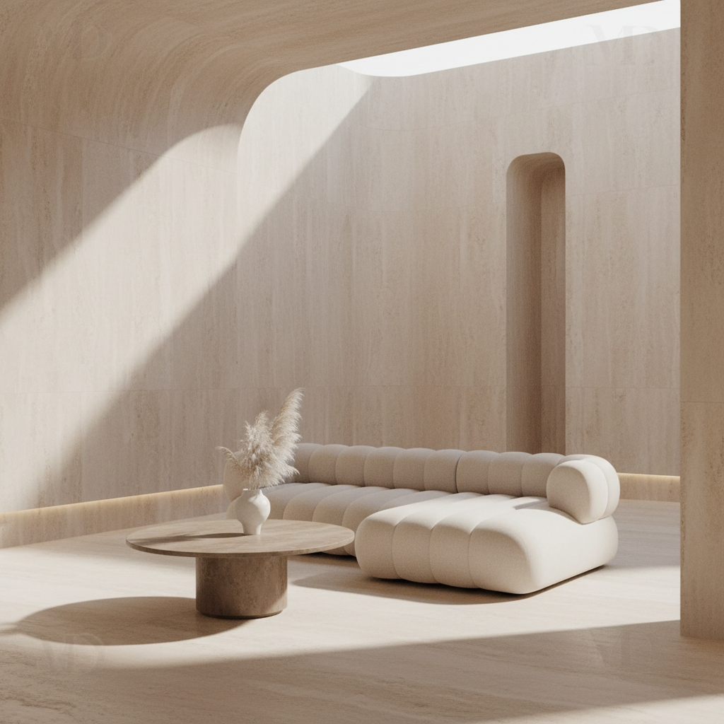 Canapé d'angle droite MARBEA en bouclette écru vu de profil dans un intérieur beige minimaliste ensoleillé – Maroc Design
