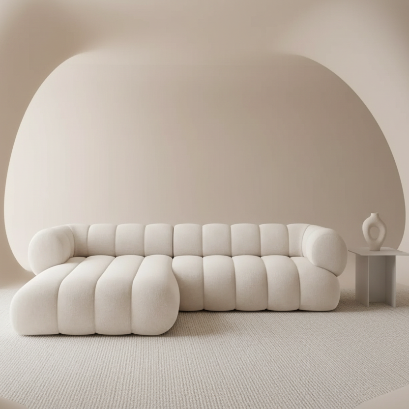 Canapé d'angle gauche MARBEA en bouclette écru en ambiance, niche au mur arrondi crème, méridienne à gauche – Maroc Design