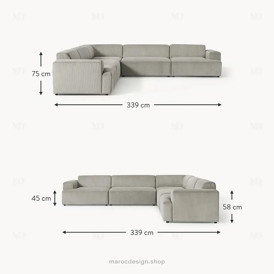 Canapé d'Angle MELVANA 5 Places XXL Gris – Confort & Élégance | Maroc Design-canapé, fauteil, Pouf, Meridienne-Maroc Design-Maroc Design