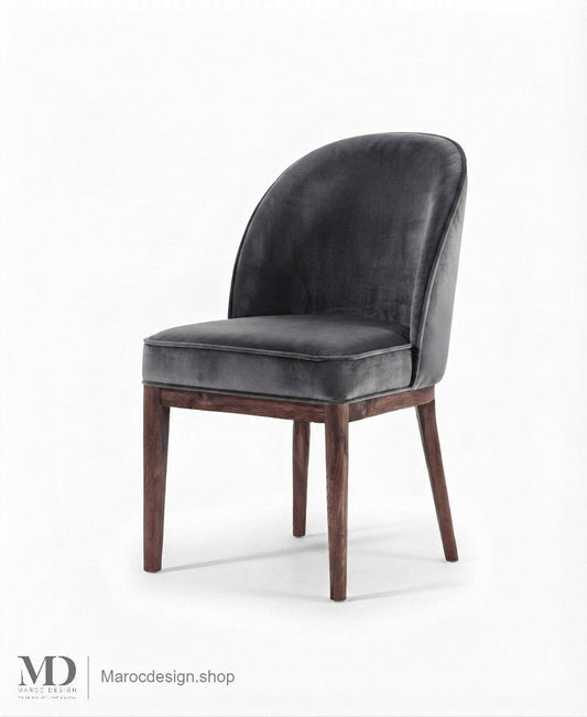 Chaise CORDOBA en velours gris anthracite, dossier arrondi et pieds en noyer
