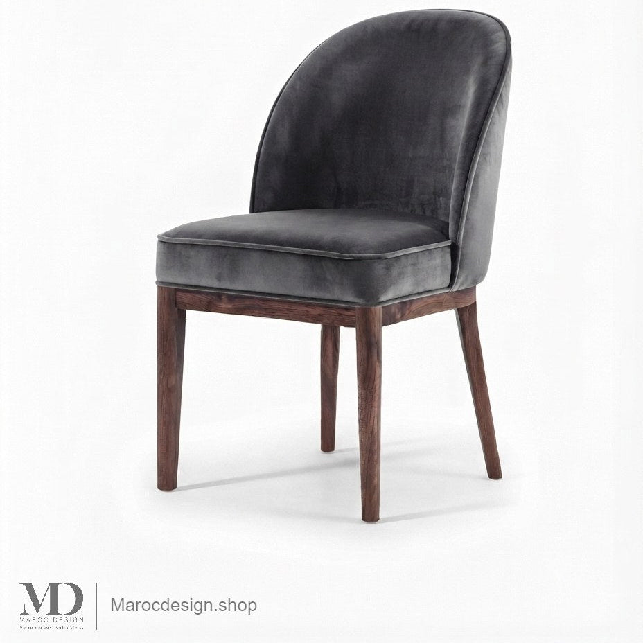 Chaise CORDOBA en velours gris anthracite, dossier arrondi et pieds en noyer