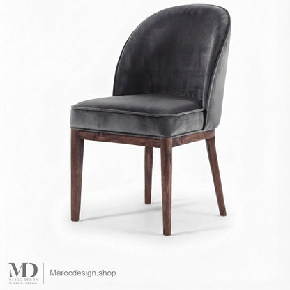 Chaise CORDOBA en velours gris anthracite, dossier arrondi et pieds en noyer