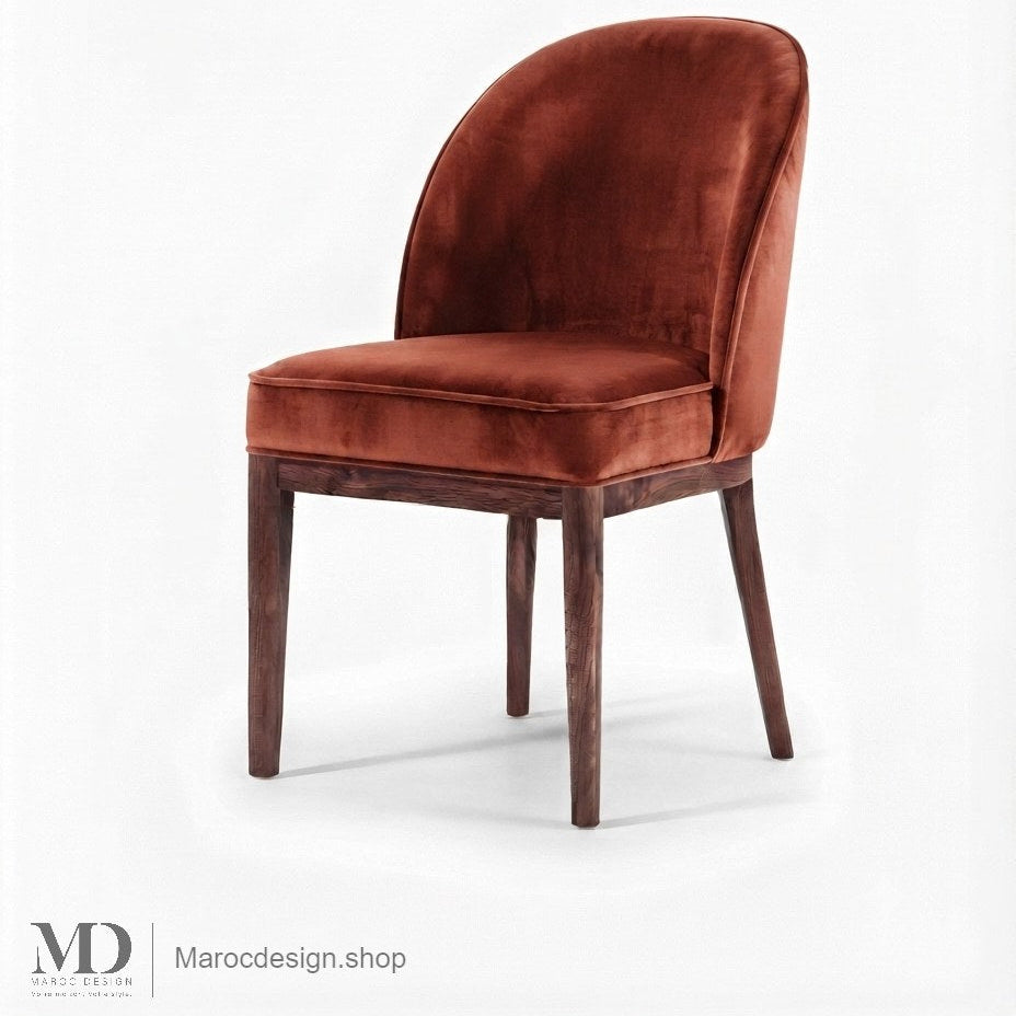 Chaise CORDOBA en velours terracotta avec pieds en noyer foncé