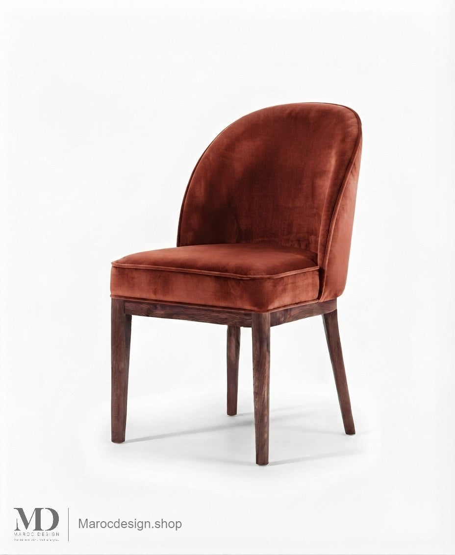 Chaise CORDOBA en velours terracotta avec pieds en noyer foncé