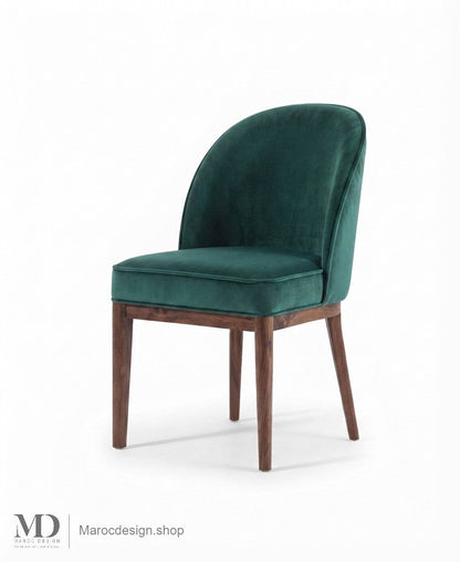 Chaise CORDOBA en velours vert émeraude, pieds en noyer massif
