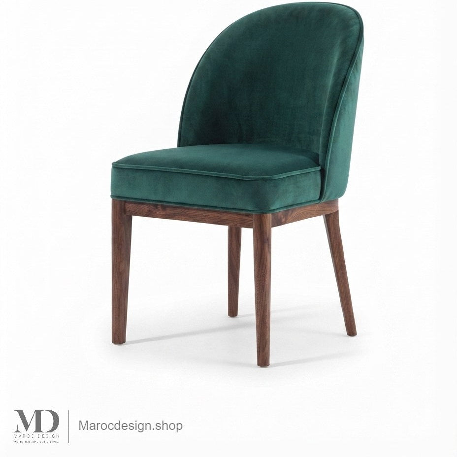 Chaise CORDOBA en velours vert émeraude, pieds en noyer – Maroc Design