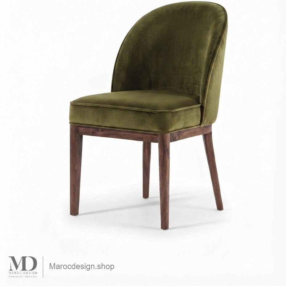 Chaise CORDOBA en velours vert olive avec pieds en bois de noyer