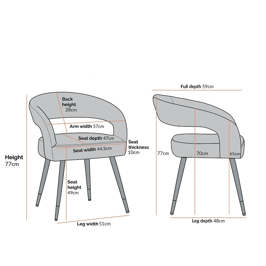 Chaise de table a mangé tissu velours assise en h r, qualité, premium vendue au Maroc. Plan avec les dimensions Auteur 77cm Hauteur d'assise : 49