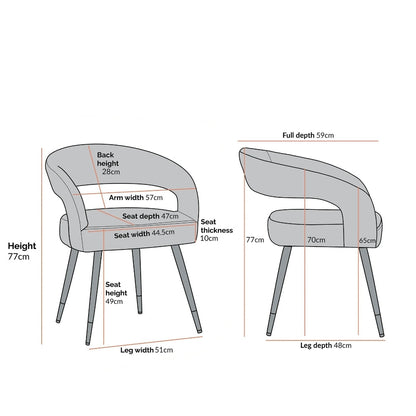 Chaise de table a mangé tissu velours assise en h r, qualité, premium vendue au Maroc. Plan avec les dimensions Auteur 77cm Hauteur d'assise : 49