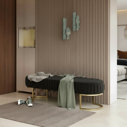 Banc ELLY velours pieds métal doré – salon et réception, Maroc Design Casablanca