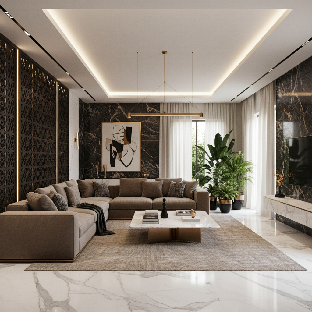 Salon haut de gamme aux finitions soignées, mur en marbre et canapé beige — finitions d'intérieur à Aïn Diab, Casablanca