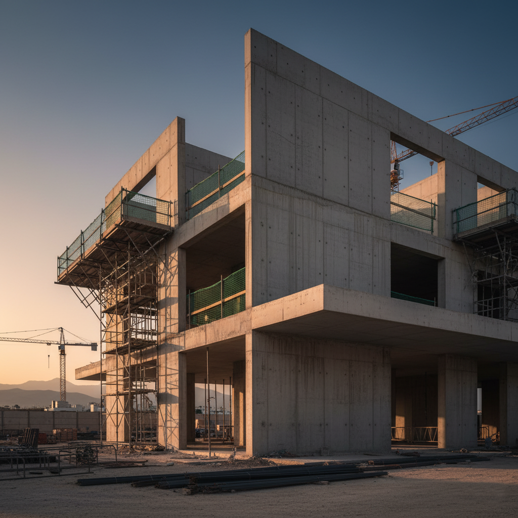 Bâtiment en béton en cours de construction avec échafaudage et grue — gros œuvre de chantier d'aménagement à Bouskoura