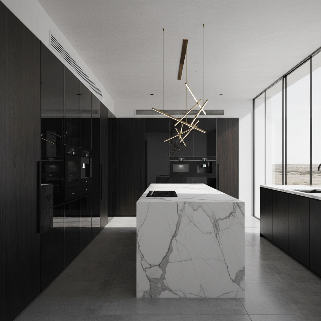 Cuisine moderne sur mesure avec îlot en marbre blanc et façades noires — cuisines et dressings à Dar Bouazza