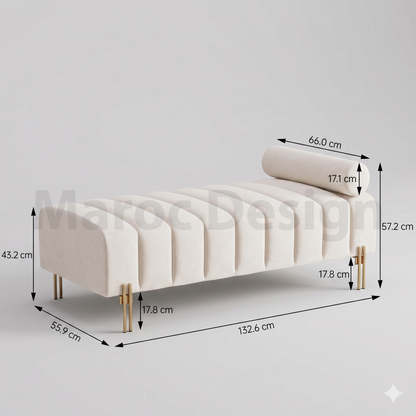 Banc ALMA — Bouclé, Traversin & Pieds Dorés, 8 Coloris | Maroc Design