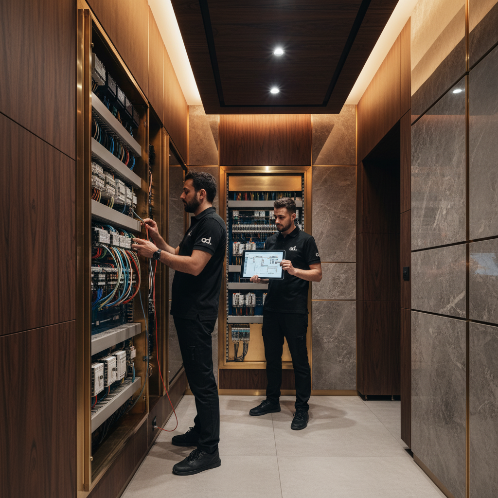 Techniciens installant un tableau électrique dans une pièce habillée de bois — réseaux et second œuvre à Californie, Casablanca
