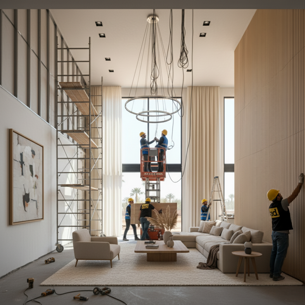 Équipe Maroc Design installant le mobilier d'un salon haut de gamme — aménagement et décoration à Casablanca
