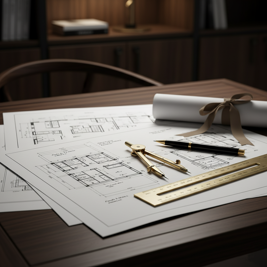 Plans d'architecture d'intérieur, compas et règle sur un bureau — études et conception d'aménagement à Anfa, Casablanca