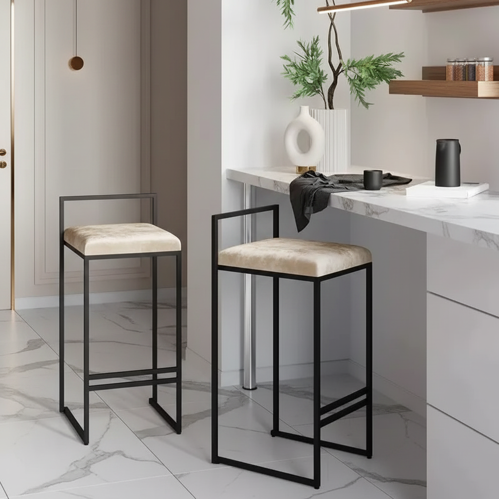 Tabouret de bar GIRONA velours beige, pieds métal noir – Maroc Design