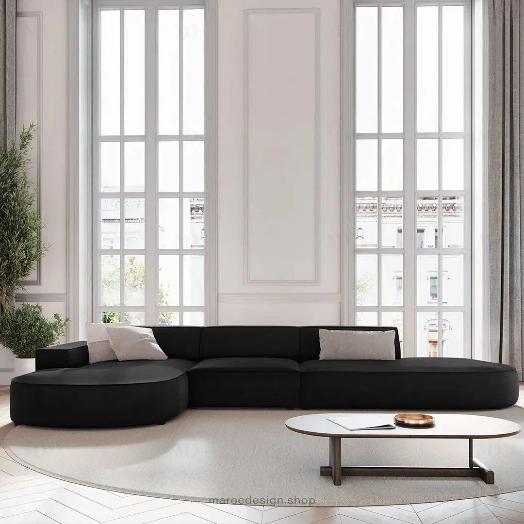JODIE -4- places _ Noir Canapé-modulaire, Salon Séjour-canapé, fauteil, Pouf, Meridienne-Maroc Design-Noir-Gauche-Maroc Design