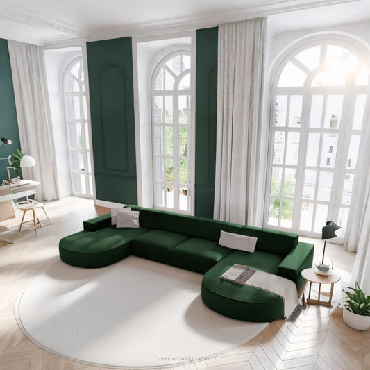 JODIE -6- places (U) _ Vert Bouteille Canapé - modulaire, Salon Séjour-canapé, fauteil, Pouf, Meridienne-Maroc Design-Vert Bouteille-Maroc Design