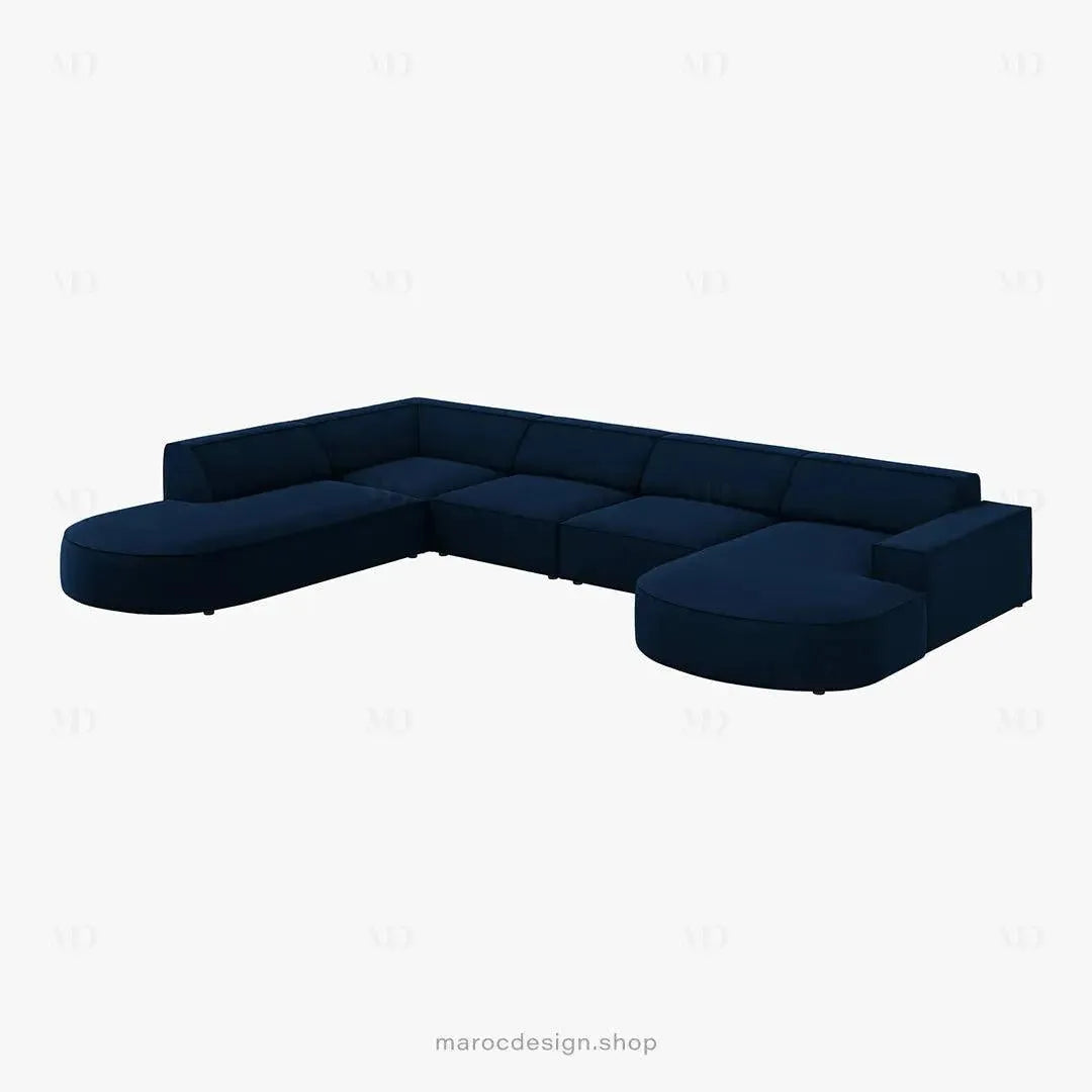 JODIE -7- places _ Bleu Royal Canapé-modulaire, Salon Séjour-canapé, fauteil, Pouf, Meridienne-Maroc Design-Beige-Droite-Maroc Design