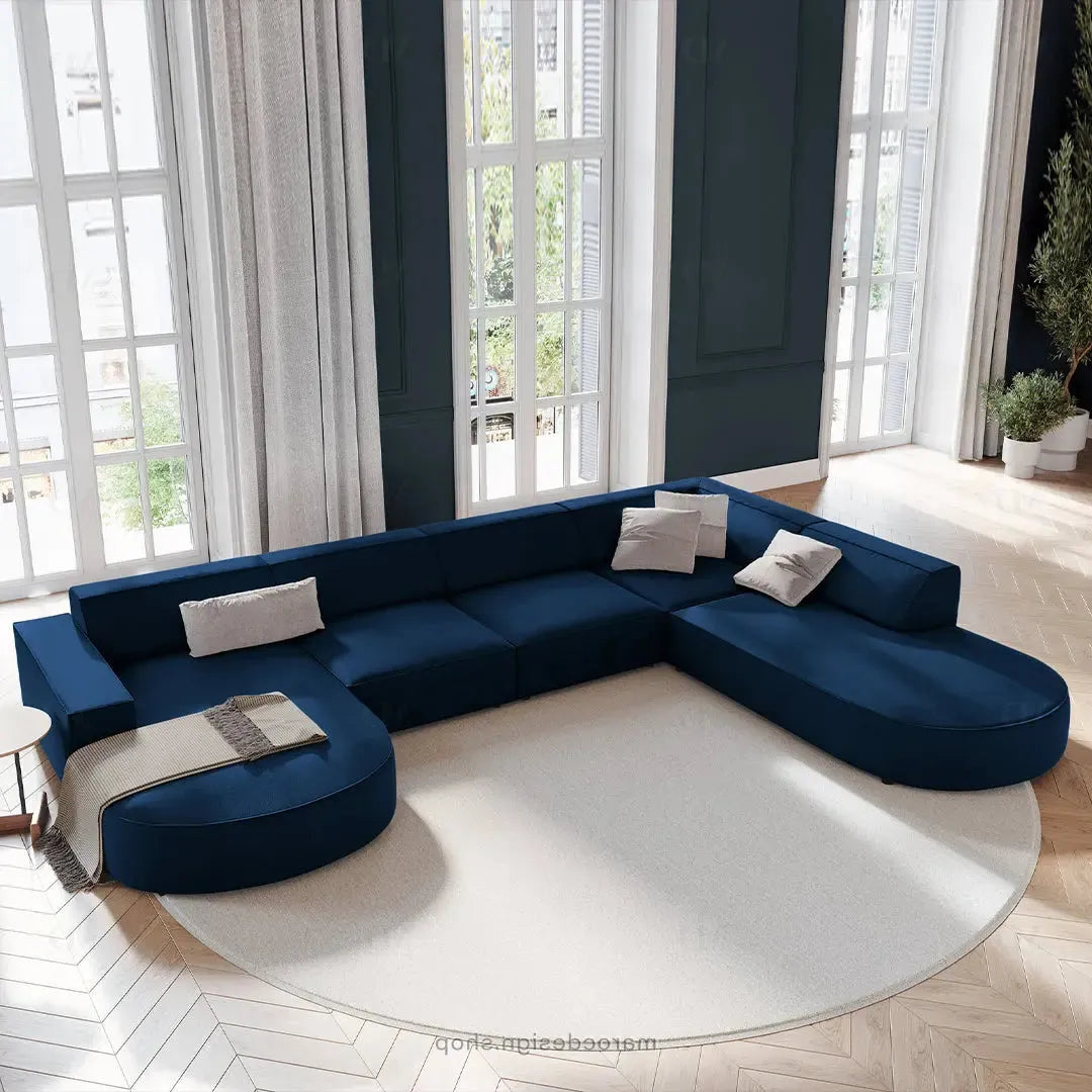 JODIE -7- places _ Bleu Royal Canapé-modulaire, Salon Séjour-canapé, fauteil, Pouf, Meridienne-Maroc Design-Beige-Droite-Maroc Design